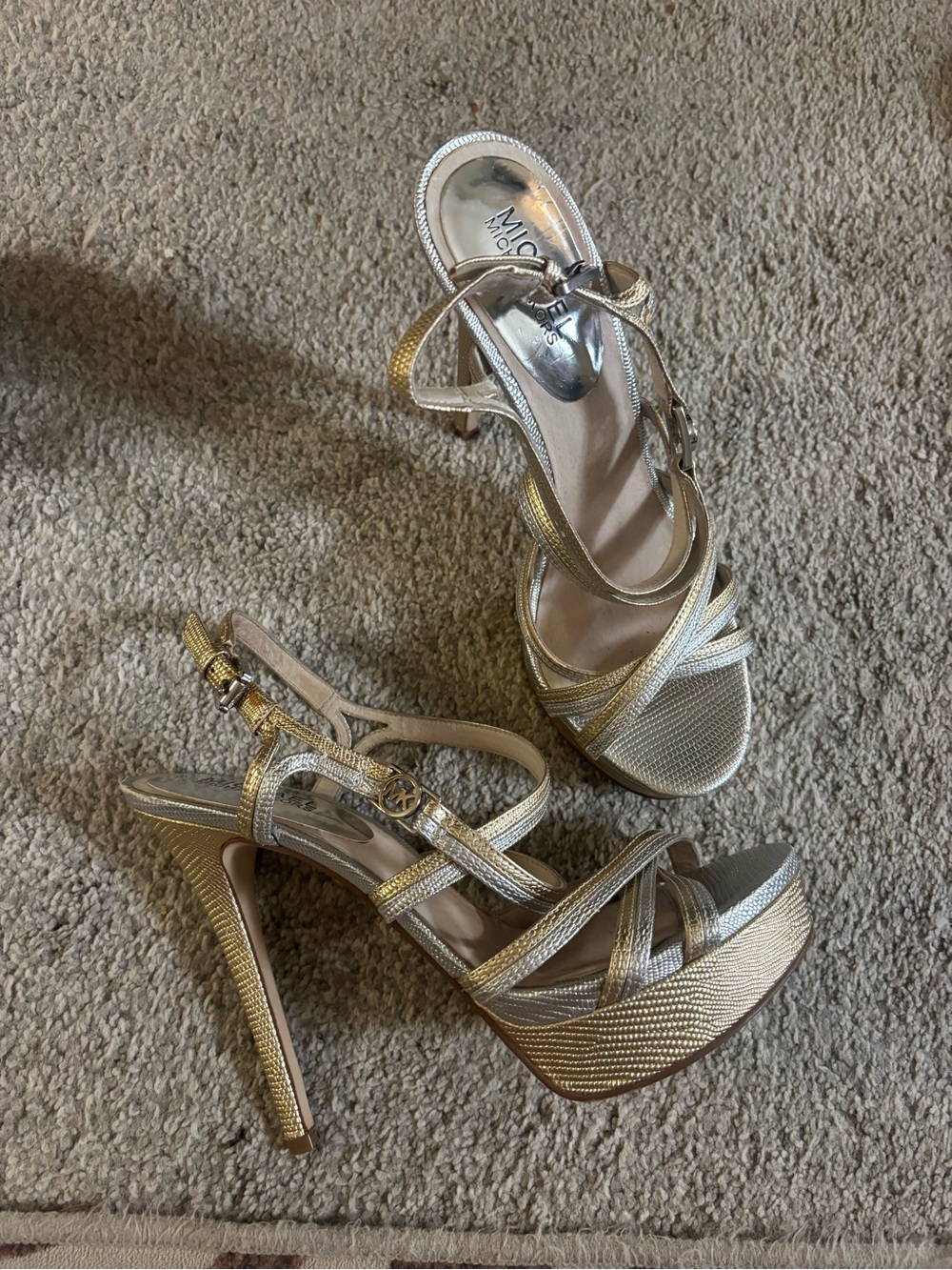 Michael Kors size 7 Metallic Gold/silver  strap Platform stiletto Heels size 7.5